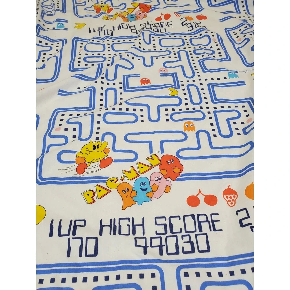 Vintage Danville 1980s White Blue Pac-Man Ghosts Fabric Twin Flat Sheet Gamer